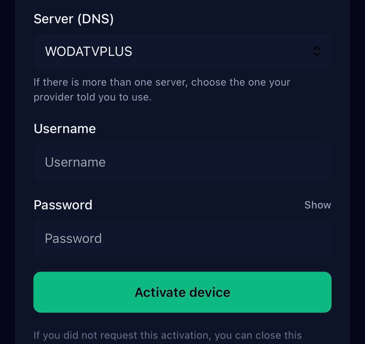 Página de activación de WODA TV GLASS en el celular, con el servidor, el usuario y la contraseña