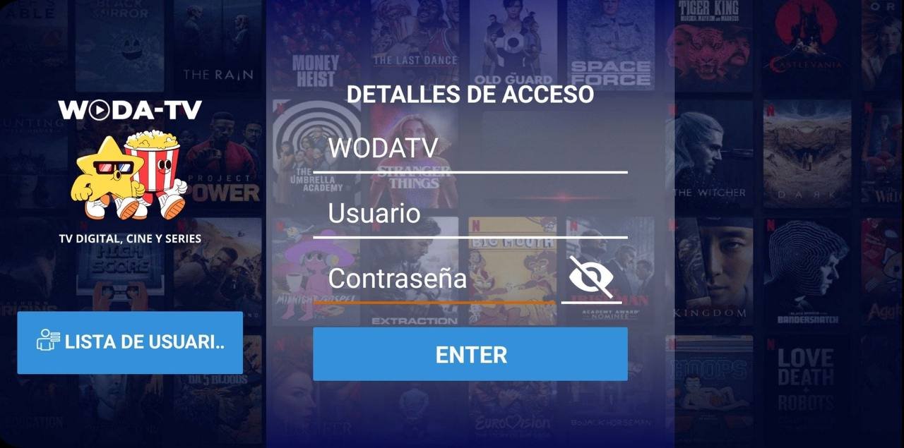 Pantalla de acceso de WODA TV Smarters Clásica