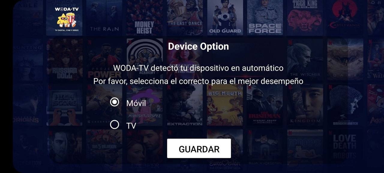 Pantalla Device Option de WODA TV Smarters Clásica