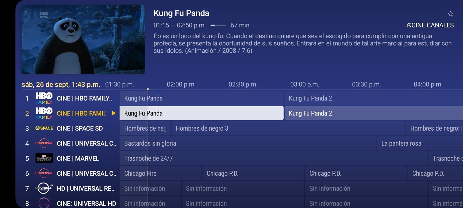 Guía de programación en parrilla de la app TiVi Mate