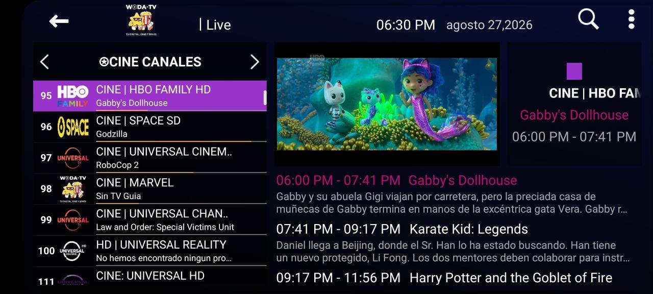 Otra pantalla de WODA TV Smarters Clásica en un celular