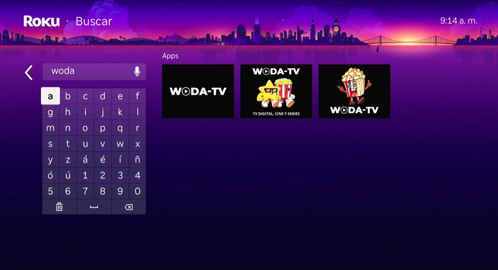 Buscador de Roku con la palabra woda escrita y el canal negro de WODA-TV como primer resultado